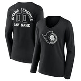 NHL Black Ottawa Senators Women's Personalized Name & Number Monochrome Long Sleeve V-Neck T-Shirt