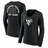 NHL Black Pittsburgh Penguins Women's Personalized Name & Number Monochrome Long Sleeve V-Neck T-Shirt