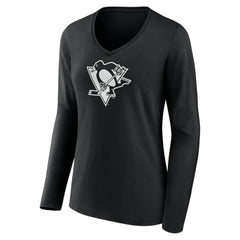 NHL Black Pittsburgh Penguins Women's Personalized Name & Number Monochrome Long Sleeve V-Neck T-Shirt