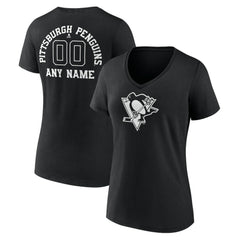 NHL Black Pittsburgh Penguins Women's Personalized Name & Number Monochrome V-Neck T-Shirt