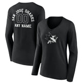 NHL Black San Jose Sharks Women's Personalized Name & Number Monochrome Long Sleeve V-Neck T-Shirt