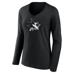 NHL Black San Jose Sharks Women's Personalized Name & Number Monochrome Long Sleeve V-Neck T-Shirt