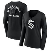 NHL Black Seattle Kraken Women's Personalized Name & Number Monochrome Long Sleeve V-Neck T-Shirt