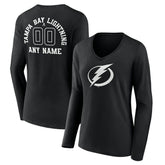 NHL Black Tampa Bay Lightning Women's Personalized Name & Number Monochrome Long Sleeve V-Neck T-Shirt