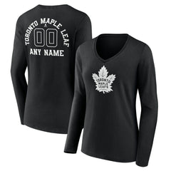 NHL Black Toronto Maple Leafs Women's Personalized Name & Number Monochrome Long Sleeve V-Neck T-Shirt