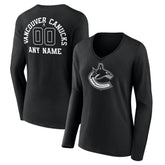 NHL Black Vancouver Canucks Women's Personalized Name & Number Monochrome Long Sleeve V-Neck T-Shirt