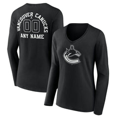 NHL Black Vancouver Canucks Women's Personalized Name & Number Monochrome Long Sleeve V-Neck T-Shirt
