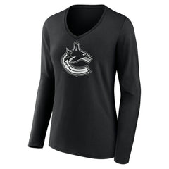 NHL Black Vancouver Canucks Women's Personalized Name & Number Monochrome Long Sleeve V-Neck T-Shirt
