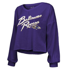 Derrick Henry Majestic Threads Women's Name & Number Off-Shoulder Script Cropped Long Sleeve Relaxed V-Neck T-Shirt - Baltimore Ravens