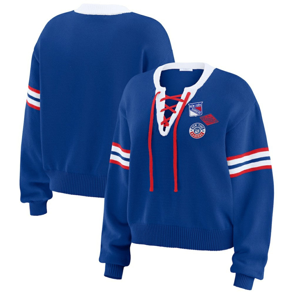 NHL Blue New York Rangers WEAR by Erin Andrews Women's Cropped Lace-Up Sweater