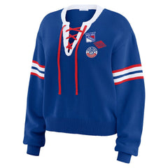 NHL Blue New York Rangers WEAR by Erin Andrews Women's Cropped Lace-Up Sweater