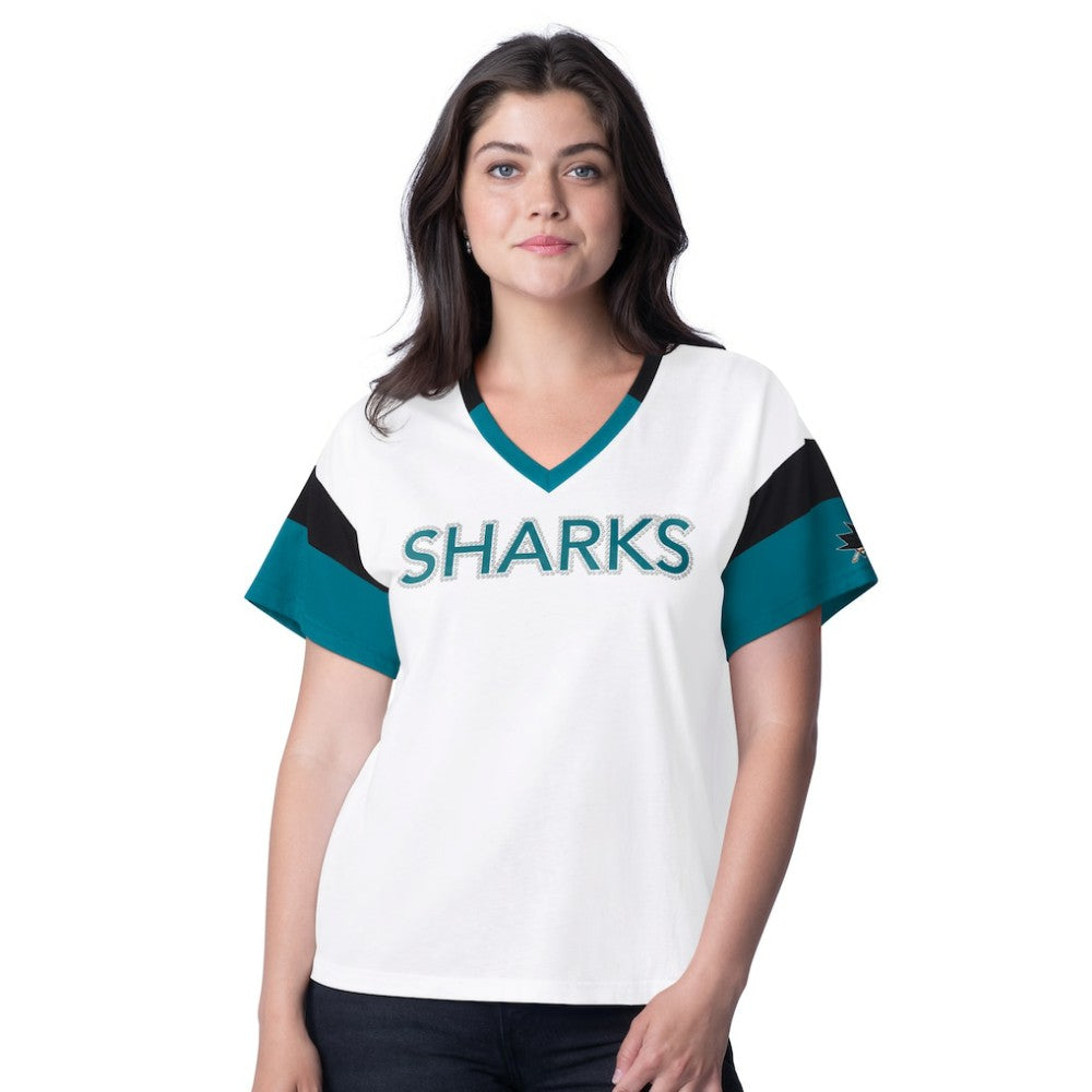 NHL White San Jose Sharks G-III 4Her by Carl Banks Women's Rink Oversized Rhinestone V-Neck T-Shirt