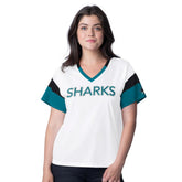 NHL White San Jose Sharks G-III 4Her by Carl Banks Women's Rink Oversized Rhinestone V-Neck T-Shirt