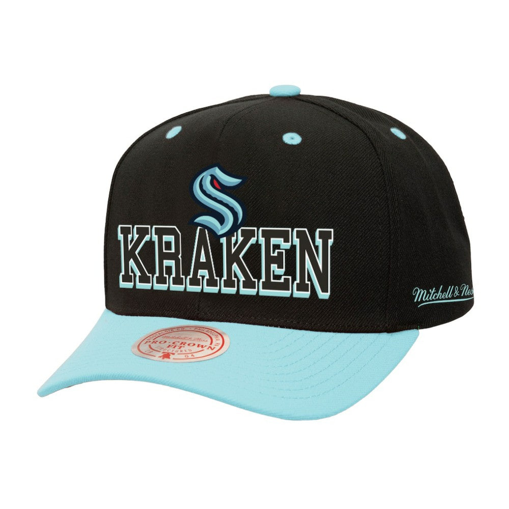 NHL Black/Light Blue Seattle Kraken Mitchell & Ness Backside Script Two-Tone Pro Crown Adjustable Hat