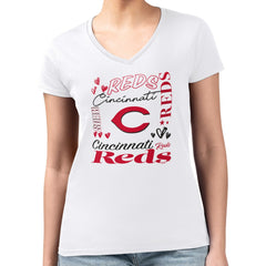 MLB Cincinnati Reds G-III 4Her by Carl Banks Women's Super-Slim Fit Lightweight Collage Team Graphic V-Neck T-Shirt