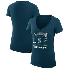 MLB Seattle Mariners G-III 4Her by Carl Banks Women's Super-Slim Fit Lightweight Collage Team Graphic V-Neck T-Shirt