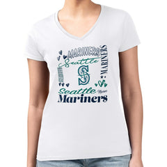 MLB Seattle Mariners G-III 4Her by Carl Banks Women's Super-Slim Fit Lightweight Collage Team Graphic V-Neck T-Shirt