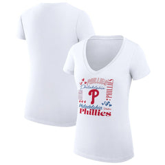 MLB Philadelphia Phillies G-III 4Her by Carl Banks Women's Super-Slim Fit Lightweight Collage Team Graphic V-Neck T-Shirt