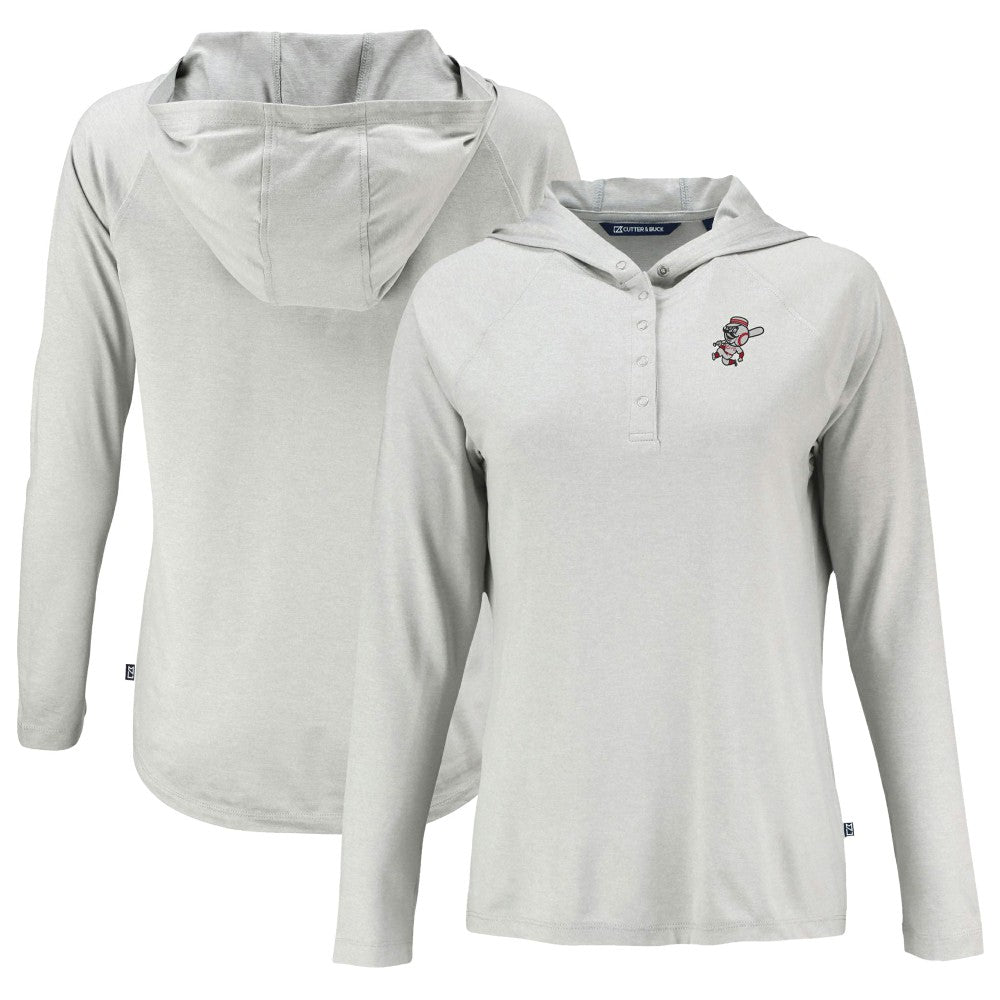 MLB Cincinnati Reds Cutter & Buck Women's Cooperstown Collection Coastline Epic Comfort Eco Recycled Hoodie Raglan Long Sleeve T-Shirt