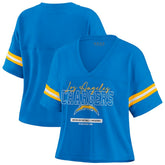 WEAR by Erin Andrews Women's Color Block Boxy Modest Crop V-Neck T-Shirt - Los Angeles Chargers