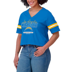 WEAR by Erin Andrews Women's Color Block Boxy Modest Crop V-Neck T-Shirt - Los Angeles Chargers