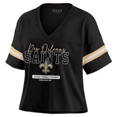 WEAR by Erin Andrews Women's Color Block Boxy Modest Crop V-Neck T-Shirt - New Orleans Saints