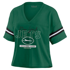 WEAR by Erin Andrews Women's Color Block Boxy Modest Crop V-Neck T-Shirt - New York Jets