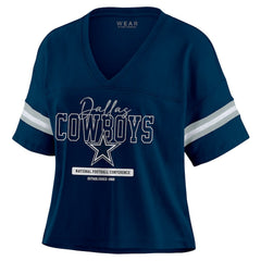 WEAR by Erin Andrews Women's Color Block Boxy Modest Crop V-Neck T-Shirt - Dallas Cowboys