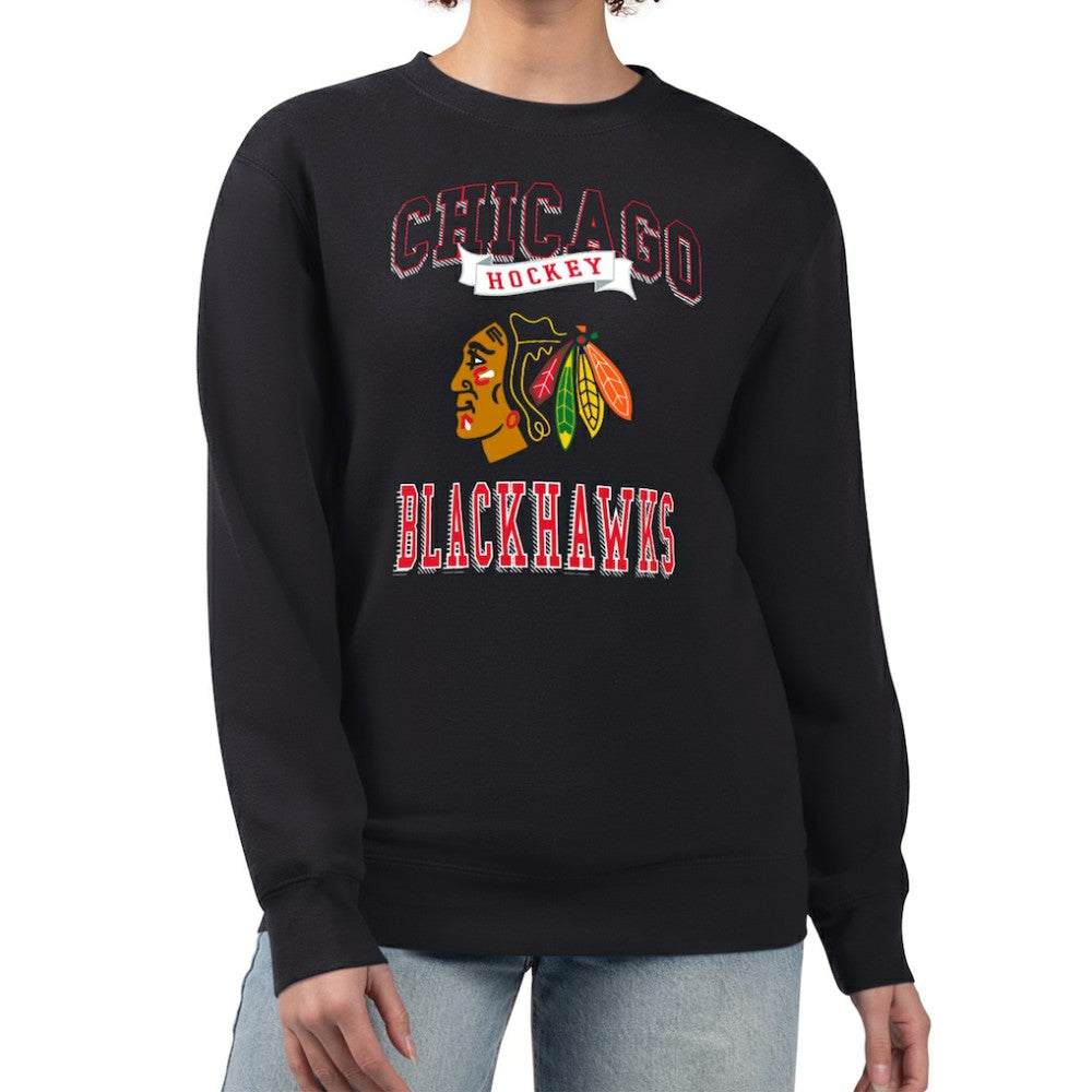 NHL Black Chicago Blackhawks G-III 4Her by Carl Banks Women's Team Logo Tri-Blend Fleece Pullover Sweatshirt