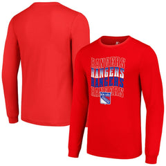 NHL Red New York Rangers Starter Four Team Name Logo Long Sleeve Graphic T-Shirt