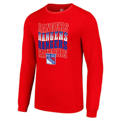 NHL Red New York Rangers Starter Four Team Name Logo Long Sleeve Graphic T-Shirt