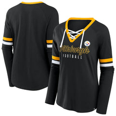 Women's Plus Size Won & Done Lace-Up V-Neck Long Sleeve T-Shirt - Pittsburgh Steelers