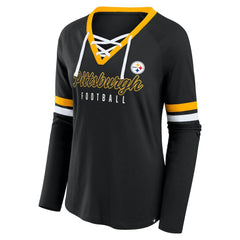 Women's Plus Size Won & Done Lace-Up V-Neck Long Sleeve T-Shirt - Pittsburgh Steelers
