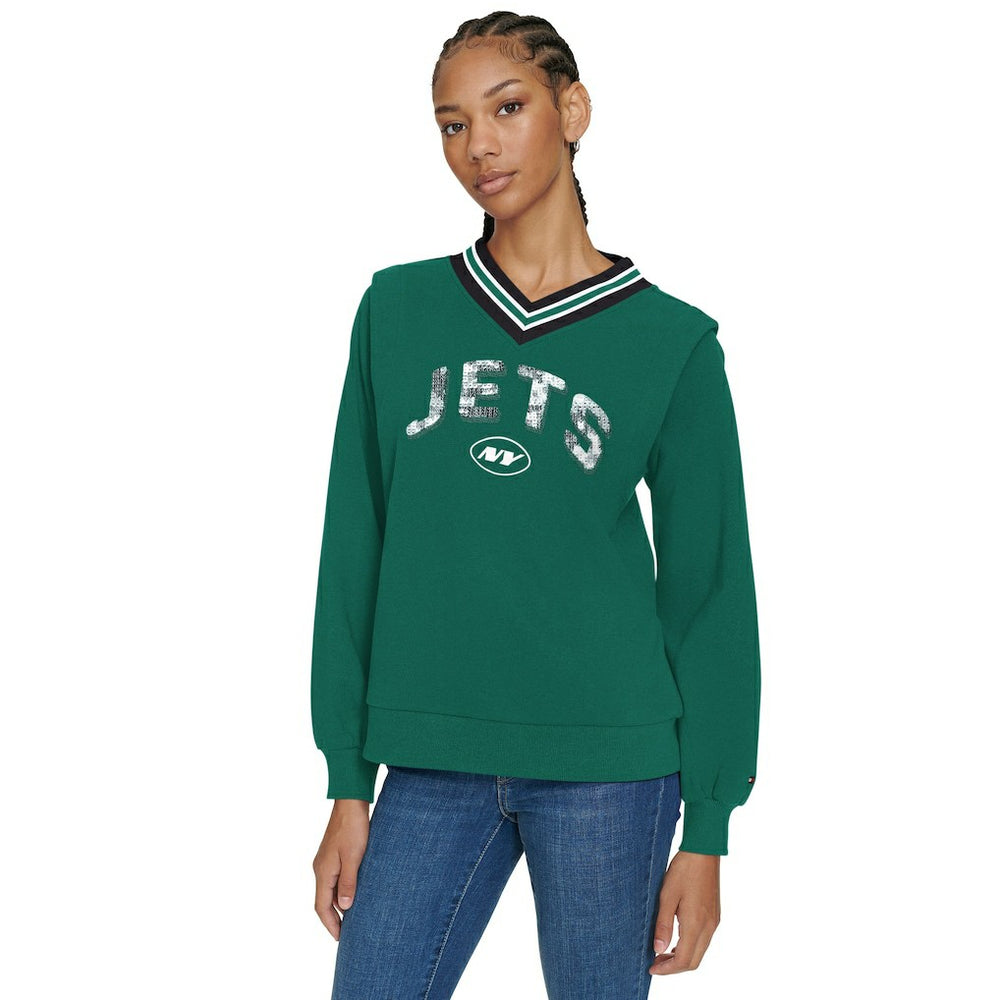 Tommy Hilfiger Women's Alice V-Neck Pullover Sweatshirt - New York Jets