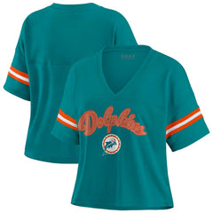 WEAR by Erin Andrews Women's Plus Size Color Block Boxy V-Neck T-Shirt - Miami Dolphins