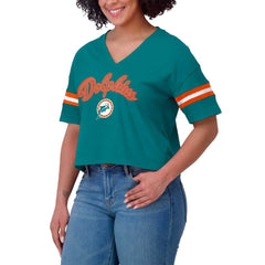 WEAR by Erin Andrews Women's Plus Size Color Block Boxy V-Neck T-Shirt - Miami Dolphins