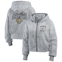 WEAR by Erin Andrews Women's Speckled Fleece Cropped Full-Zip Hoodie - New Orleans Saints