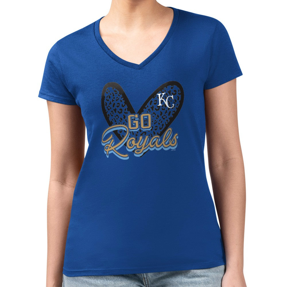 MLB Kansas City Royals G-III 4Her by Carl Banks Women's Super-Slim Fit Lightweight Leopard Heart V-Neck T-Shirt