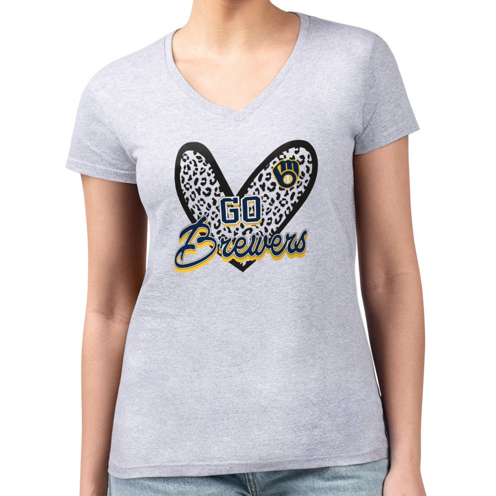 MLB Milwaukee Brewers G-III 4Her by Carl Banks Women's Super-Slim Fit Lightweight Leopard Heart V-Neck T-Shirt