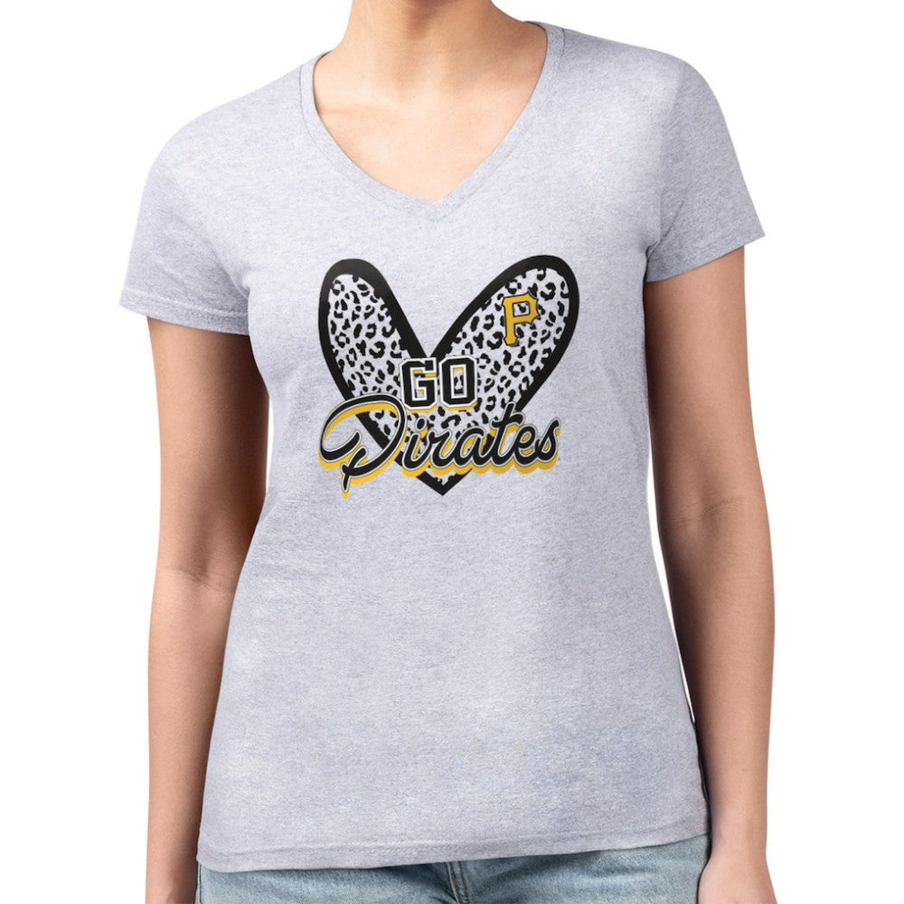 MLB Pittsburgh Pirates G-III 4Her by Carl Banks Women's Super-Slim Fit Lightweight Leopard Heart V-Neck T-Shirt
