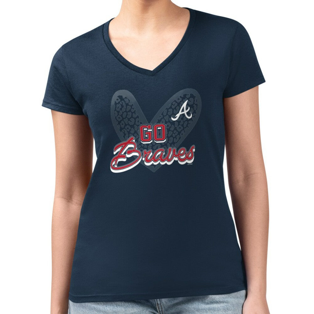 MLB Atlanta Braves G-III 4Her by Carl Banks Women's Super-Slim Fit Lightweight Leopard Heart V-Neck T-Shirt