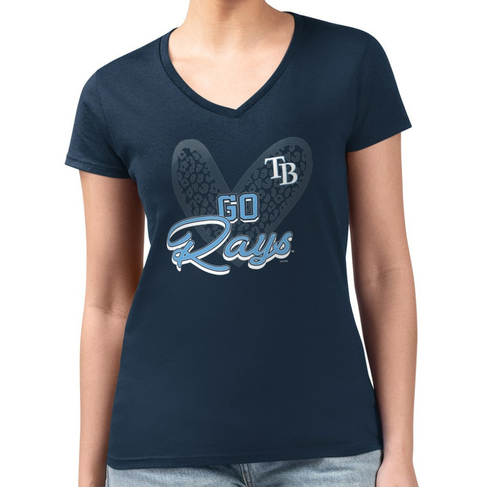 MLB Tampa Bay Rays G-III 4Her by Carl Banks Women's Super-Slim Fit Lightweight Leopard Heart V-Neck T-Shirt