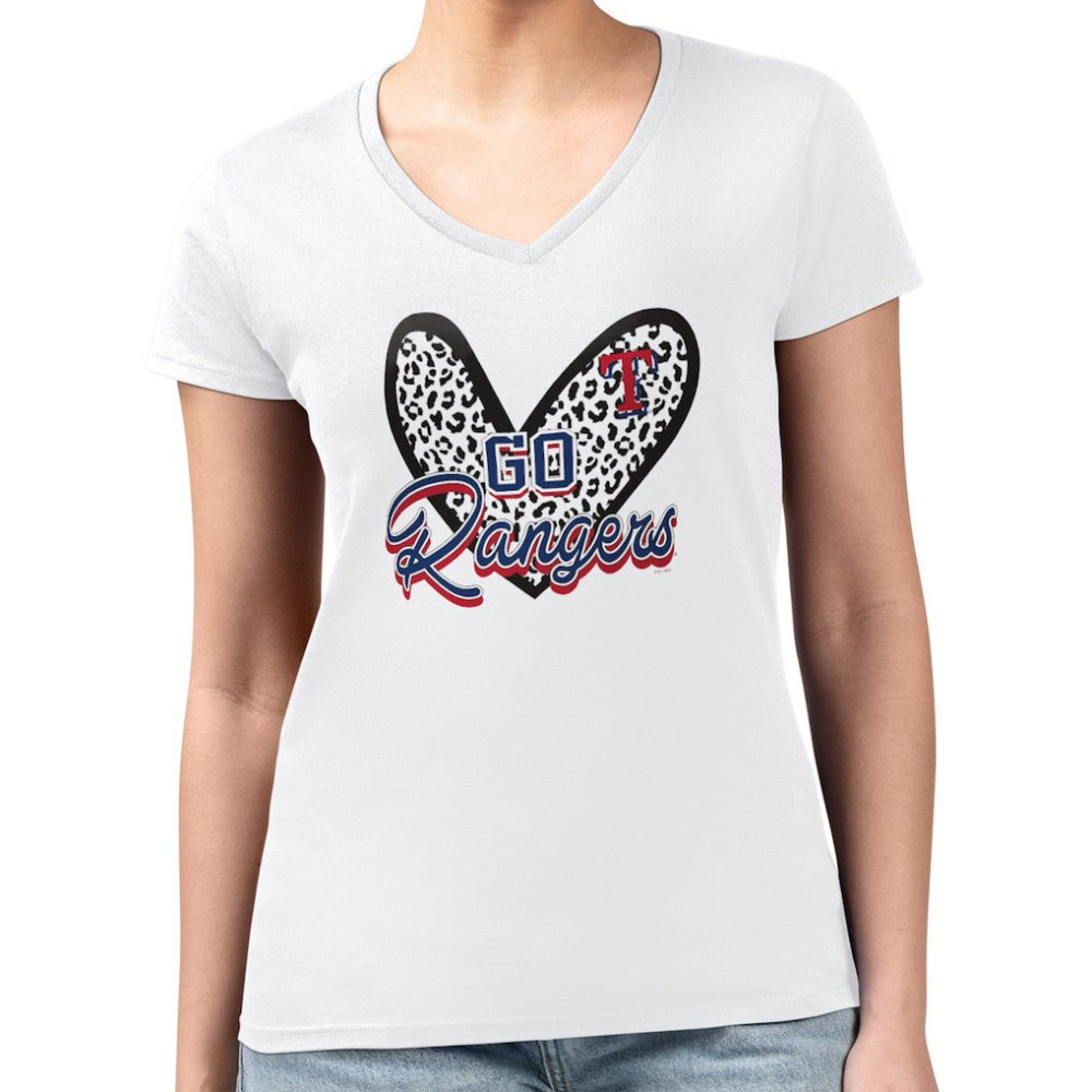 MLB Texas Rangers G-III 4Her by Carl Banks Women's Super-Slim Fit Lightweight Leopard Heart V-Neck T-Shirt