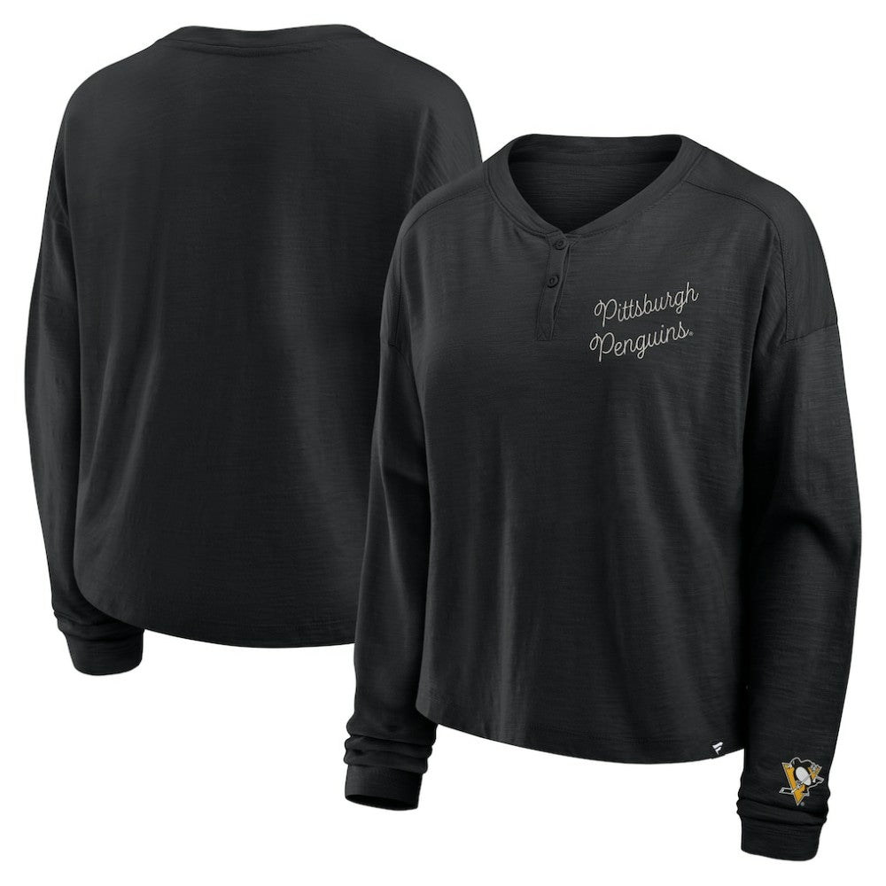 NHL Black Pittsburgh Penguins Fanatics Women's Oversized All Out Effort Long Sleeve Henley T-Shirt