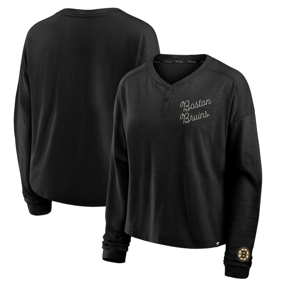 NHL Black Boston Bruins Fanatics Women's Oversized All Out Effort Long Sleeve Henley T-Shirt