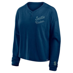 NHL Deep Sea Blue Seattle Kraken Fanatics Women's Oversized All Out Effort Long Sleeve Henley T-Shirt