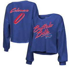 Keon Coleman Majestic Threads Women's Name & Number Off-Shoulder Script Cropped Long Sleeve V-Neck T-Shirt - Buffalo Bills