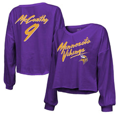 J.J. McCarthy Majestic Threads Women's Name & Number Off-Shoulder Script Cropped Long Sleeve V-Neck T-Shirt - Minnesota Vikings