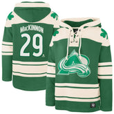 NHL Kelly Green Nathan MacKinnon Colorado Avalanche '47 St. Patrick's Day Player Name & Number Lacer Pullover Hoodie