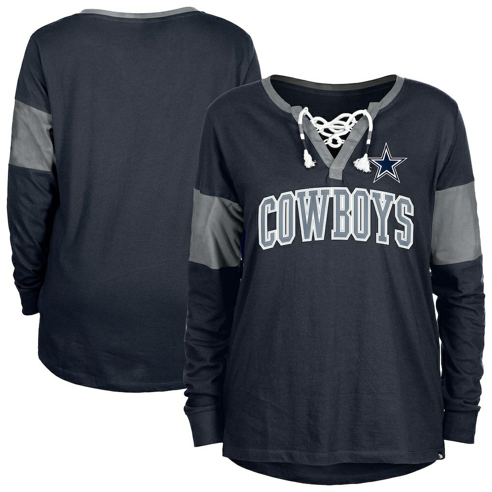 Women's Lace-Up Notch-Neck Long Sleeve T-Shirt - Dallas Cowboys
